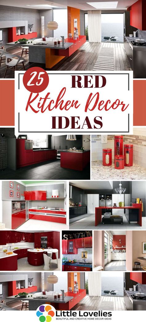 The best time to consider a red kitchen decor is during Christmas, but whether or not it is that time of the year where the whole family gathers to make merry, a red kitchen decor is a great way to spice up the look of your kitchen.  Here, you’ll find 25 red kitchen decor ideas that you can use to make your kitchen look fantastic. If you are a true fan of “red”, I’m sure you’ll love them. Red And Grey Dining Room, Red And Gray Kitchen Decor Ideas, Black And Red Kitchen Ideas Decor, Red Themed Kitchen Ideas, Gray And Red Kitchen Ideas, Farmhouse Red Kitchen, Red And Black Kitchen Ideas Apartments, Red Gray And Black Kitchen Ideas, Red Theme Kitchen