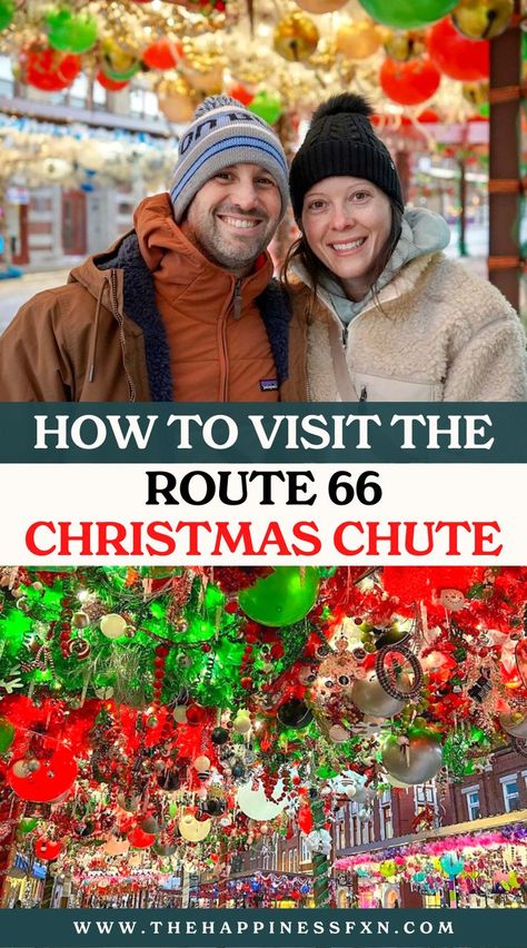 top photo: couple smiling along the Route 66 Christmas Chute; bottom photo: Christmas decorations along the Route 66 Christmas Chute Oklahoma In December, Christmas In Oklahoma, Vacation Places In Usa, Oklahoma Travel, Road Trip Packing List, Christmas Destinations, Route 66 Road Trip, Road Trip Packing, Road Trip Destinations