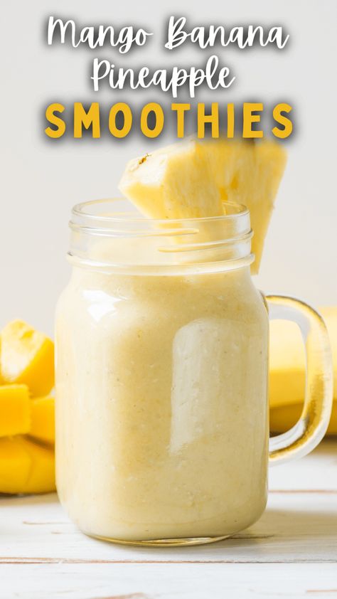 Mango Banana Pineapple Smoothie - Appetizers & Entrees Banana Pineapple Smoothie, Pineapple Shake, Pineapple Banana Smoothie, Tropical Smoothie Recipes, Pineapple Smoothie Recipes, Mango Banana Smoothie, Mango Pineapple Smoothie, Vanilla Smoothie, Mango Pineapple