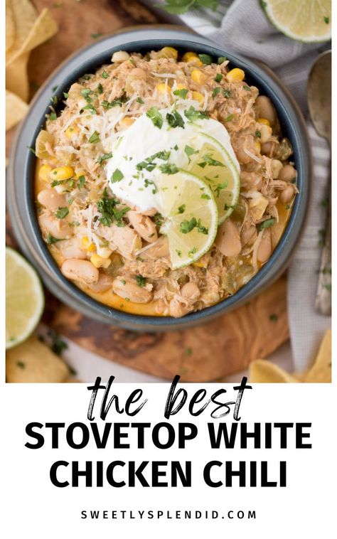 Stove Top White Chicken Chili, Chicken Chili Stove Top, White Chicken Chili Stove Top, Corn And Cream Cheese, Chicken Beans, White Bean Chili, Creamy White Chicken Chili, Comforting Dinner, Hearty Chili