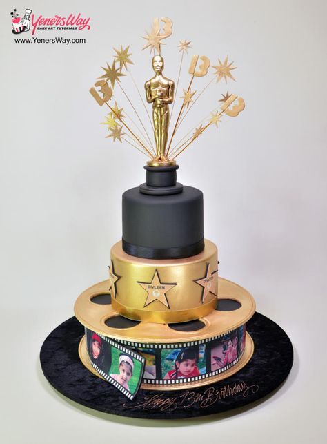 Hollywood Oscars Cake by Serdar Yener | Yeners Way - Cake Art Tutorials Hollywood Theme Party Decorations, Hollywood Cake, Theatre Cake, Popcorn Buffet, Hollywood Birthday Parties, Film Cake, Learn Cake Decorating, Hollywood Birthday, Wedding Cake Birds