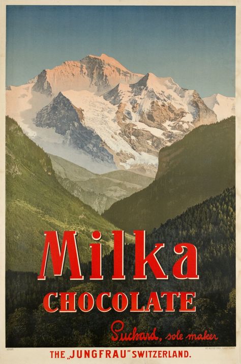 Jungfrau Switzerland, Chocolate Poster, Vintage Propaganda, Milka Chocolate, Dazzle Camouflage, Vintage Advertising Art, Swiss Chocolate, Switzerland Travel, Mountain Paintings