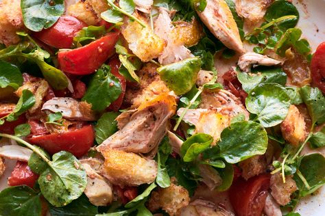 Rotisserie Chicken Panzanella Recipe Chicken Panzanella, Nytimes Cooking, Veg Salads, Ham And Cheese Pasta, Nyt Recipes, Pomegranate Recipes Salad, Panzanella Recipe, Green Pasta, Fast Meals