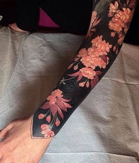 Peony Tattoo by Esther Garcia Oak Tattoo, Wildflowers Tattoo, Esther Garcia, Solid Black Tattoo, Blackout Tattoo, Floral Tattoos, Blossom Tattoo, Cherry Blossom Tattoo, Full Sleeve Tattoos