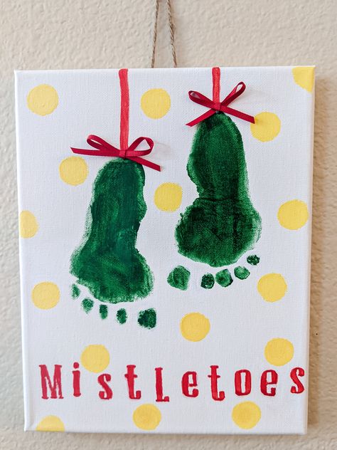 Mistletoes Footprint Complete Craft Kit Christmas Gift Footprint Art Keepsake DIY Baby Christmas Footprint Keepsake Toddler Footprint - Etsy Mistletoes Footprint, Footprint Canvas, Mistletoe Craft, Mistletoes Footprint Craft, Christmas Footprint Crafts, Mistletoe Footprint, Christmas Footprint, Baby Footprint Crafts, Diy Christmas Canvas