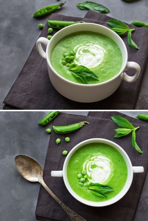 Jamie Oliver Pea And Mint Soup Pea Cream Soup, Pea Soup With Mint, Mint Pea Soup, Pea Mint Soup, Green Pea Soup Recipe, Vegetarian Pea Soup, Pea Soup With Potatoes, Olive Soup, Parsley Soup