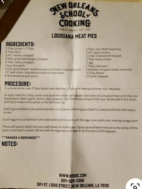 Louisiana Meat Pies, New Orleans School Of Cooking Recipes, Authentic Louisiana Recipes, New Orleans School Of Cooking, South Louisiana Recipes, Nola Recipes, Louisiana Cooking, Creole Food, Favorite Pie Recipes