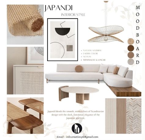 Mood Board Interior Living Room, Japandi Concept Board, Mood Board Interior Design, Japandi Interiors Moodboard, Design Styles Types Of Interior, Japandi Office Design, Interior Design Business Plan, Interior Design Portfolio Layout, Interior Design Layout