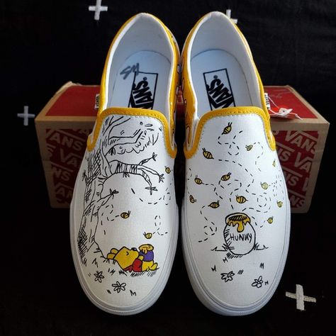 Winnie the Pooh Shoe Customs Painted Vans Shoes, Custom Slip On Vans, Customize Shoes, Hand Painted Vans, Vans Orange, Vans Shoes Fashion, Painted Canvas Shoes, Painted Vans, Custom Painted Shoes