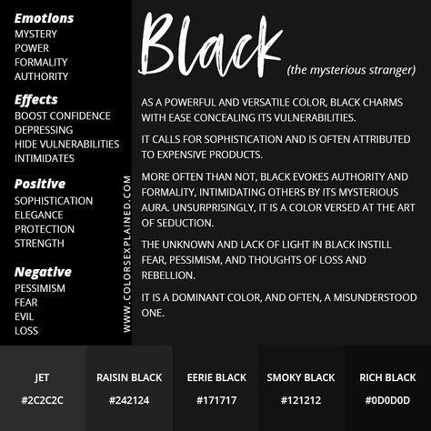 Color Black Meaning: Symbolism and Meaning of the Color Black • Colors Explained Color Meaning Personality, Black Meaning, What Do Colors Mean, Mala Ideas, Black Color Meaning, Colour Energy, Black Heaven, Colour Magic, Design Learning