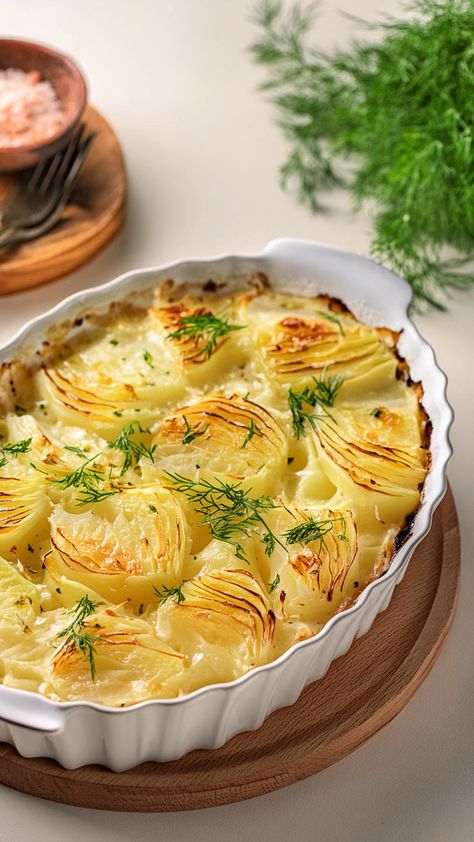 Fennel and Potato Gratin Potato And Fennel Gratin, Fennel Potato Gratin, Potato Gratin Recipes, Cauliflower Grilled, Fennel Gratin, Veggie Board, Vegetable Ideas, Potato Gratin Recipe, Creamy Potatoes