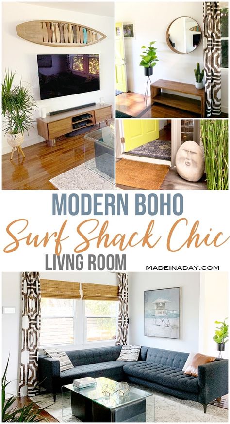 Looking for some beachside living inspiration? My Modern Surf Shack Chic Living Room is full of good vibes with an island-style feel. Check out my fav decor pieces. #modernboho #bohostyle #bohochic #surfshack #surfculture #bohosurfshack #beachhouse #coastalhome #livingroom #laidback #casualstyle #californiastyle #LAbeachhouse #californiabungalow #bungalow #beachbungalow Boho Surf Shack, Modern Surf Shack, Livng Room, Inspiring Pictures, Bungalow Homes, Surf Shack, Decor Images, Chic Living Room, Chic Living