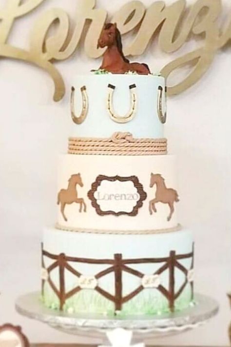 Don't miss the impressive horse-inspired tiered cake at this wonderful horse-themed baptism See more party ideas and share yours at CatchMyParty.com #catchmyparty #partyideas #4favoritepartiesoftheweek #baptism #horseparty #horsecake 2 Tier Horse Cake, Horse Birthday Cake Boy, Horse Cakes Ideas, Horse Theme Birthday Cake, Horse Themed Birthday Cake, Horse Theme Cake, Horse Cake Ideas, Horse Themed Cake, Cake Horse