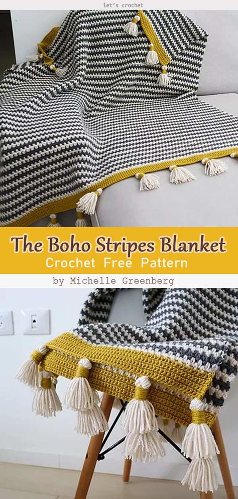 The Boho Stripes Blanket Free Crochet Pattern Boho Blanket Crochet Pattern, Modern Baby Blankets Crochet, Striped Crochet Pattern, Crochet Boho Afghan, Boho Crocheted Blanket, Ideas For Crochet Blankets, Boho Afghan Crochet Pattern, Boho Stripes Crochet Blanket, Simple Striped Crochet Blanket