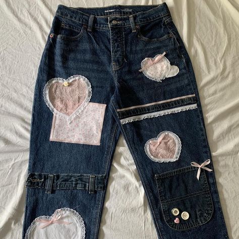 Coquette style patchwork jeans Handmade:) I can... - Depop Coquette Pants, Coquette Jeans, Custom Jeans Diy, Reworked Jeans, Teen Idle, Senior Jeans, Pink Patch, Coquette Style, Diy Clothes Design