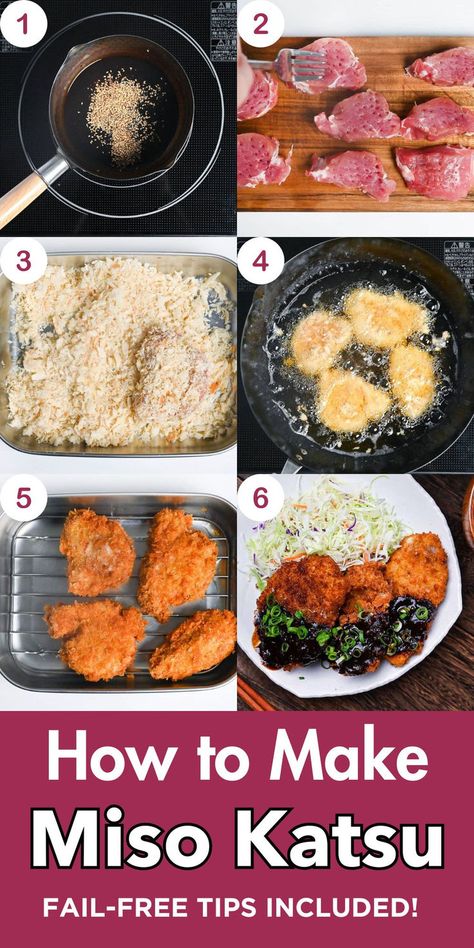 Six-step photo tutorial showing pork cutlet preparation, panko breading, frying, and plating for authentic Nagoya Miso Katsu with shredded cabbage and dark miso sauce Fried Saimin Recipe, Japanese Comfort Food, Miso Katsu, Saimin Recipe, Katsu Recipes, Miso Sauce, Pork Medallions, Red Miso, Pork Cutlets