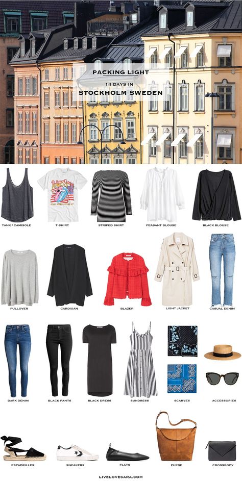 What to Pack for Stockholm Sweden Packing Light List #packinglist #packinglight #travellight #travel #livelovesara Sweden In Summer, Summer Stockholm, Sweden Style, Black Sundress, Summer Packing, Cardigan Blazer, Casual Sundress, Sweden Travel, Travel Clothes