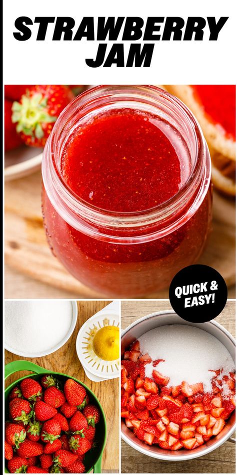 3-Ingredient Homemade Strawberry Jam - Nurtured Homes Home Made Strawberry Jam, Diy Strawberry Jam, Freezer Jam Strawberry, Refrigerator Strawberry Jam, Bread Business, Homemade Everything, Fruit Jam Recipes, Strawberry Snacks, Homemade Raspberry Jam