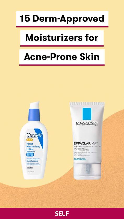 There are a few key words to look for when shopping for an acne-friendly daily moisturizer. "You always want to look for an oil-free, non-comedogenic brand for acne," says New York City dermatologist Michele Green, M.D. Non-comedogenic means the product won't clog pores, as stopped-up pores are exactly how pimples start. In order to get the lowdown on some great moisturizer options that won't break you out, we talked to a few derms to find out the picks they typically recommend. Non Pore Clogging Moisturizer, Acne Moisturizer Best, Oil Free Face Moisturizer, Non Comedogenic Moisturizer, Acne Safe Moisturizer, Moisturizer For Oily Acne Prone Skin, Best Moisturizer For Acne Prone Skin, Face Products For Acne, Moisturizer For Acne Skin