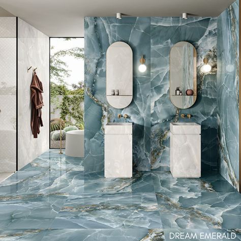 Onyx Tile Bathroom, Onyx Bathroom Ideas, Blue Marble Bathroom, Marble Look Porcelain Tile, Onyx Tile, Blue Wall Colors, Stone Look Tile, Bathroom Trends, Bathroom Design Luxury