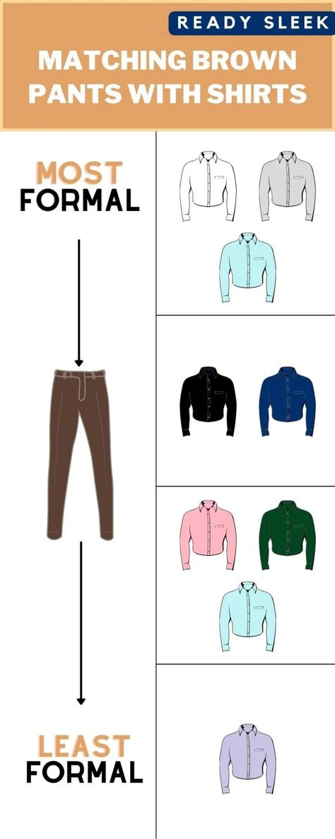 What Color Shirt Goes With Brown Pants? (Pics) • Ready Sleek Brown Pant Matching Shirt For Men, Brown Pants Color Combinations, Dark Brown Shirt Outfit Men, Brown Slacks Men Outfits, Brown Pants Combination, Men Brown Pants Outfit, Dark Brown Pants Outfit Men, Brown Chinos Men Outfits, Dark Brown Pants Outfit