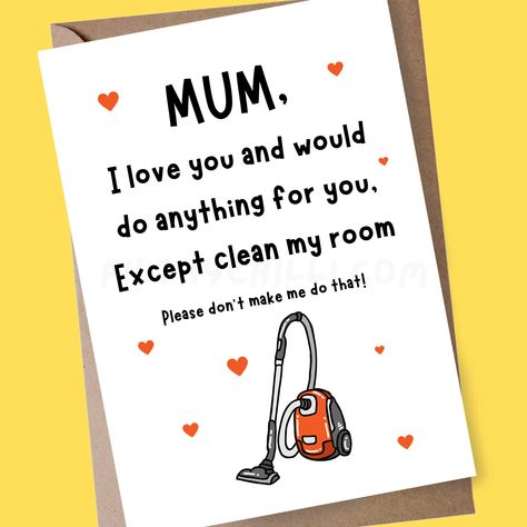 Funny Birthday Card for Mom, Joke Mothers Day Card, Funny Card For Mum, Cleaning Cards, Vacuum Cleaner, Mothers Day Gift, Card for Mam HOW TO ORDER * Choose your preferred size e.g Small Card (A6) or Large Card (A5) * Add to your basket and checkout One card per order. This design is printed on high quality FSC Certified 300gm Card. All cards are sent flat in a recyclable 'do not bend' envelope, protected with a recyclable plastic sleeve. These cards are supplied blank on the inside for you to w Things To Put In Moms Birthday Card, Gifts For Mothers Birthday, Birthday Card Ideas For Mom Funny, Card Decoration, Birthday Card To Mom, Funny Bday Cards For Mom, Mom Puns, Mom Birthday Card Ideas Funny, Mothers Birthday Cards