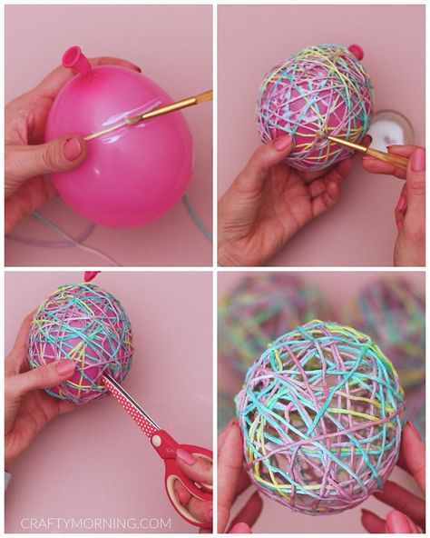 Yarn Easter Basket, Yarn Easter Eggs, Yarn Balloon, String Balloons, Crafty Morning, How To Make Balloon, Making Easter Eggs, Diy Baskets, String Crafts