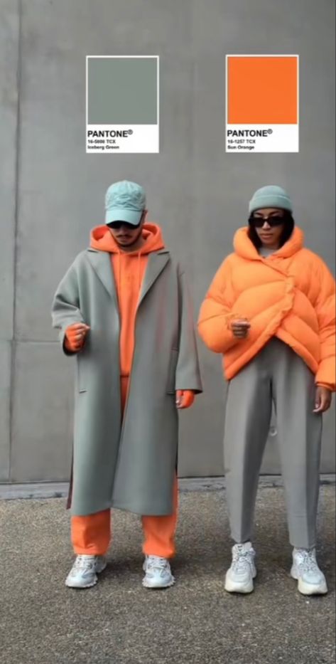 Orange Grey Outfit, Fun Color Combos Outfits, Color Mixing Outfits, Funky Colourful Outfits, Street Wear Color Palette, Orange And Gray Outfit, Group Color Coordinated Outfits, Grey Color Combinations Outfits, Contrasting Outfits