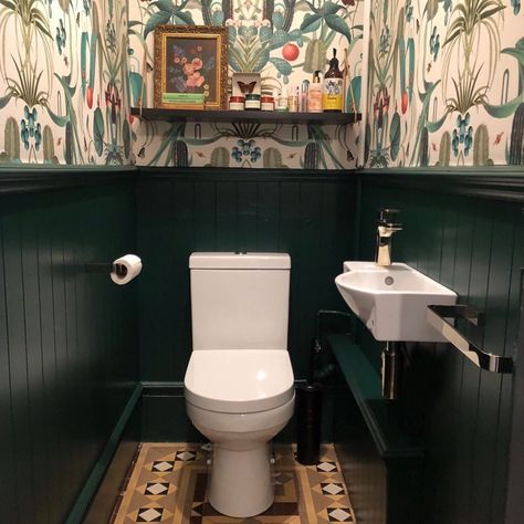 Dado Rail Bathroom Ideas, Wc Ideas Downstairs Loo Panelling, Victorian Downstairs Toilet, Panelling Downstairs Loo, Green Downstairs Toilet, Downstairs Toilet Ideas Quirky, Tongue And Groove Bathroom, 1930s House Renovation, Downstairs Wc