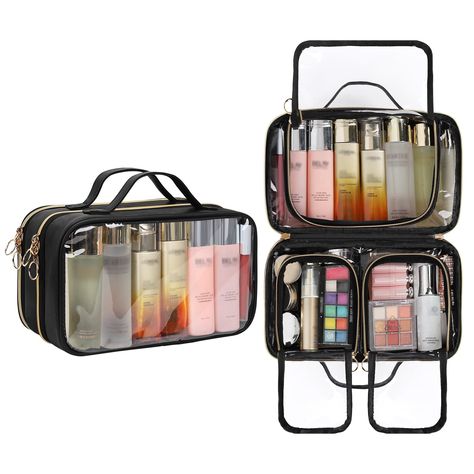 PRICES MAY VARY. 【Multiple Compartments】 Large capacity makeup organizer bag with double easy carry handle, has 3parts pockets for storage, keeps your accessories safe and makes it easy to find.Multi-functional makeup bag for women can be used as a compact travel toiletry kit, makeup organizer and household storage pack ,which also can keep your travel toiletries separately. 【Large Capacity 】Cosmetic Bag size:11.8“x5.9“x7.5“. both part with double zipper design,can holds a lot of makeup products Travel Beauty Essentials, Makeup Organizer Bag, Makeup Case Organization, Cosmetic Bag Organization, Clear Makeup Bags, Travel Toiletry Bag, Lots Of Makeup, Makeup Bag Organization, Toiletry Kit