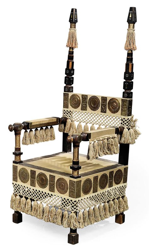 CARLO BUGATTI (1856-1940) ARMCHAIR, CIRCA 1900 stained and inlaid beechwood with applied copper panels, original vellum surfaces now replaced with cloth 61 in. (155 cm.) high; 23½ in. (60 cm.) wide; 26½ in. (67 cm.) deep Carlo Bugatti Furniture, 1900s Furniture, Carlo Bugatti, Quilted Clothes, Eclectic Home, Furniture Lighting, Bugatti, Modern Interior, New Homes