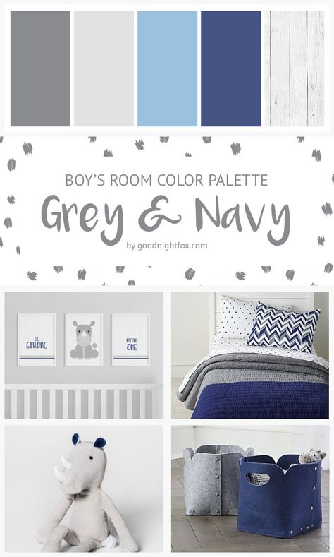 If you just found out you're a having a baby boy, you're going to love this modern look for his room. It's a classic, calming, and clean look, with just enough playfulness to make a kiddo feel at home. PRIMARY PALETTE Even though this looks seems very monochromatic, it's extremely versatile. If yo Boys Room Colors, Nursery Color Palette, Baby Room Boy, Boy Nursery Colors, Grey Nursery Boy, Baby Boy Nursery Colors, Baby Room Colors, Baby Boy Bedroom, Baby Boy Room Nursery