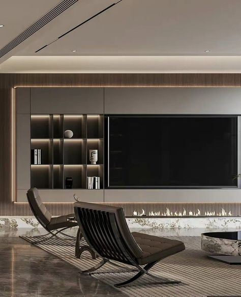 Tv Wall Modern Design, Grey Living Room Ideas, Modern Tv Unit Designs, Grey Living Room, Tv Cabinet Design, Modern Tv Units, Tv Room Design, Minimalist Apartment, Living Room Decor Fireplace