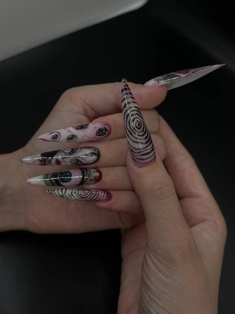 Staleto Nails Design, Long Gothic Nails, Staleto Nails Long Design, Weird Acrylic Nails, Satanic Nail Art, Tokyo Ghoul Nails, Nail Colors 2023 Summer, Staleto Nails, Summer Nail Colors 2023