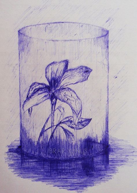 Another one of my ball-pen sketches in the series of Traditional Artwork called 'More Than a Doodle!'. For this illustration, I started off to sketch a flower (without a reference), but then as it was all too simple, so I decided to sketch some more and drew a glass container around the plant. Finally, finishing touches of cracks and stains were added to the glass container to make it more 'interesting'. Ball Pen Drawing Simple, Blue Pen Art Simple, Ball Pen Sketch Simple, Blue Pen Drawing Easy, Ball Pen Art Easy, Ballpoint Pen Drawing Simple, Blue Pen Sketches, Easy Pen Sketches, Blue Pen Art