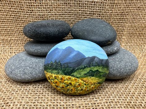 Field of Sunflowers With Mountain Background Painted Rock - Etsy Painting Sunflower Field, Moonlight Reflection, A Field Of Sunflowers, Field Of Sunflowers, Mountain Background, Painting Rocks, Owl Painting, Colorful Bags, Mountain Scene