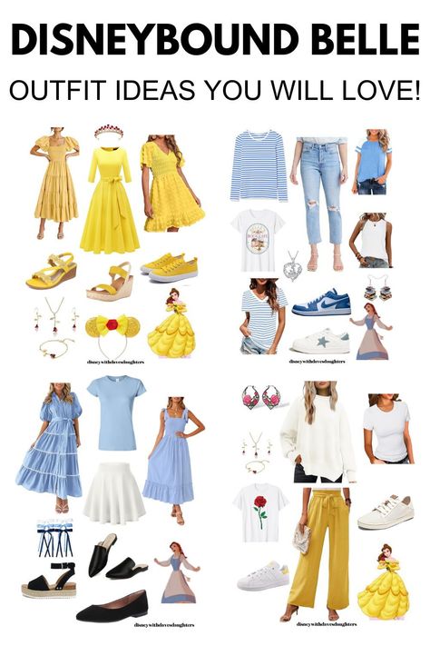 If you want to Disneybound as Belle we have outfit ideas for you! Drawing inspiraton from her yellow ballgown and her blue dress with white apron, these Belle coustume ideas will allow you to Disneybound in comfort and style Belle Bounding Outfits, Belle Outfit Ideas Disney, Belle Costume Ideas, Disney Princess Outfit Ideas, Belle Blue Dress Costume, Disney Costume Ideas, Belle Inspired Outfits, Belle Disneybound, Yellow Ballgown