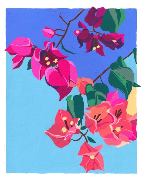 Bougainvillea Illustration, Bougainvillea Painting, Prints Colorful, Interior Murals, Decor Illustration, Gouache Art, Prints Art, Bougainvillea, Painting Art Projects