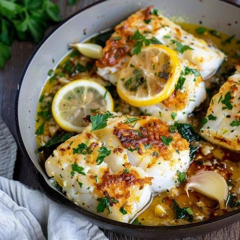 Baked Cod with Lemon and Garlic Creamy Chicken And Rice, Chicken Rice Casserole, Wilted Spinach, Cod Recipes, Broccoli Cheddar, Dessert Salads, Baked Fish, Slow Cooker Soup, Creamy Chicken