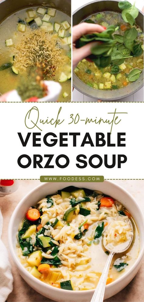 Make dinner quick and easy with this Vegetable Orzo Soup recipe - you can have it on the table in just 30 mins. Perfect for cold winter nights, this comforting soup is packed with fresh veggies like spinach, zucchini, and carrots, plus orzo for extra heartiness. You can make this meal ahead of time and store any leftovers for later (up to 4 days). Serve it with cheesy garlic bread fingers, oatmeal brown bread, or grilled panzanella for a cozy dinner everyone will love. Full recipe on my blog. Soup Easy Quick, Vegetable Orzo Soup, Vegetable Orzo, Orzo Soup Recipes, Dinner Quick, Orzo Soup, Zucchini Soup, Comforting Soup, Veggie Dinner