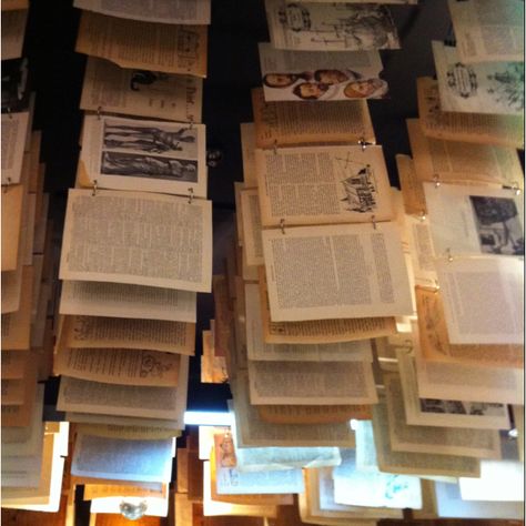 this is awesome idea I saw at QVB postcard shop - hanging books to ceiling chains Hanging Books From Ceiling, Hanging Books, Book Theme, Hanging Cabinet, Modern Library, Reggio Emilia, School Library, Book Themes, Old Books