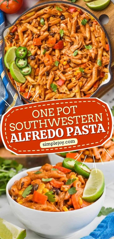 Serve this one-pot southwest pasta as your fall dinner recipe! This alfredo pasta recipe is super easy to throw together, makes the perfect weeknight meal, and is absolutely delicious! It's the best of all pasta recipes! What else could you ask for? Mexican Alfredo, Plating Food, Presentation Food, Dinner Pasta, Pasta Alfredo, Cheap Recipes, Pot Dinners, Mexican Chicken, Alfredo Pasta