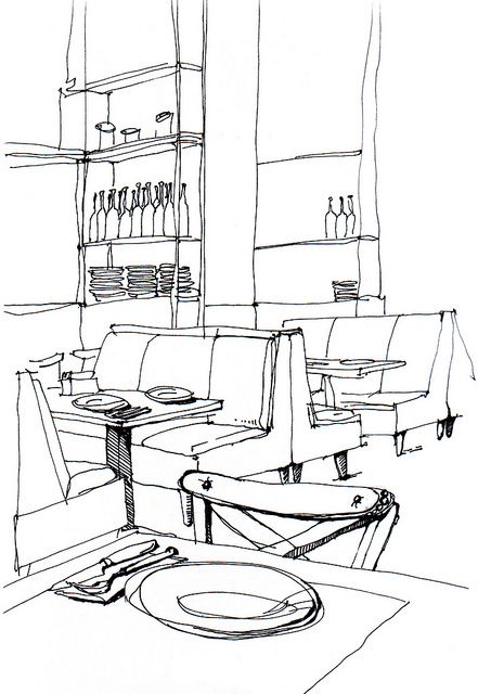 Restaurant Illustration Drawing, Restaurant Doodle, Restaurant Drawing, Market Restaurant, Restaurant Art, Interior Design Sketches, Line Sketch, Contour Drawing, Interior Sketch