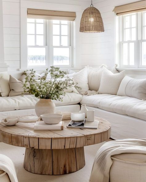 Kathy Kuo Home Living Room Decor With Sectional, Grandmother Style, Room Sharing, Wood Coffee Tables, White Sectional, Beach Living Room, Minimalist Living Room Decor, Beach House Interior Design, Round Wood Coffee Table