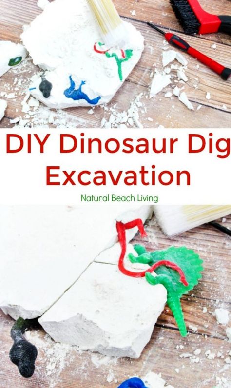 How to Make Dinosaur Dig Excavation for Kids, This DIY Dinosaur Excavation Dig is perfect for a Dinosaur Theme or Dinosaur Birthday party, it's easy to make and the kids love this fun DIY excavation activity, An exciting and engaging homemade geology dig kit would also make a fantastic homemade gift idea, fossil dig activity for kids #partyideas  #dinosaur Dino Dig Party Ideas, Frozen Dinosaur Eggs, Dinosaur Excavation, Science Table, Water Play For Kids, Dino Dig, Homemade Gift Idea, Diy Dinosaur, Dinosaur Dig