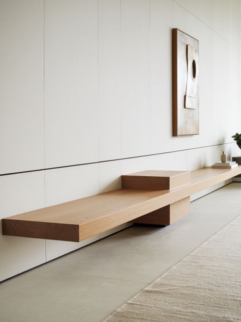 Floating Bench Living Room, How To Build A Floating Bench, Mudroom Floating Bench, Built In Entry Bench, L Shape Bench, Floating Bench Seat, Concrete Bench Seat, Storage Bench With Baskets, Entryway Bench Ideas