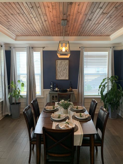 Dinning Room Ceiling Design Wood, Wood Ceiling With Crown Molding, Tray Lighting Ceiling, Natural Wood Tray Ceiling, Tongue And Groove Ceiling Dining Room, Tongue And Groove Living Room Ceiling, Paneled Tray Ceiling, Tray Ceiling Ideas Living Room Wood, Waynes Coating Ceiling Ideas