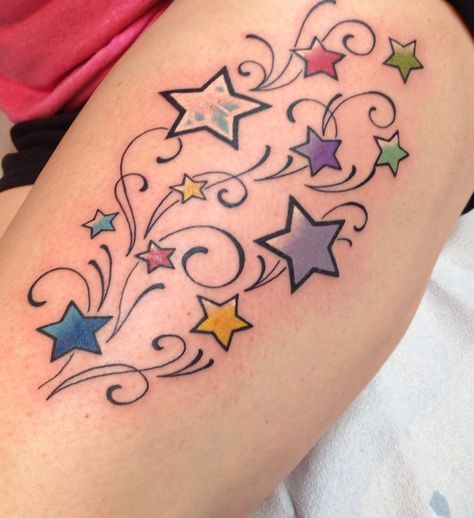 My tattoo of a Family Tree of stars. Each star represents an immediate family member with coincided monthly birthstone. Birthstone Tattoo Ideas Families, Tattoos With Kids Names, Star Tattoo Designs, Family Tattoo, Star Tattoo, Star Family, Immediate Family, Spiritual Tattoos, My Tattoo