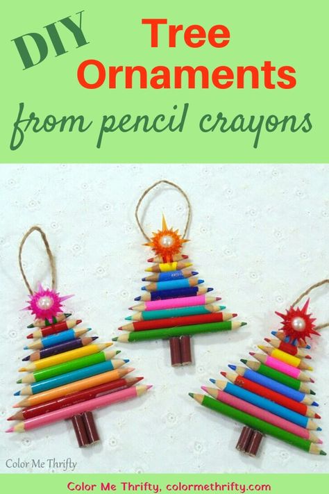 Pencil Ornaments Diy, School Christmas Ornaments Diy, Crayola Christmas Tree, Diy Tree Ornaments, Pencil Crafts, Diy Christmas Decorations For Home, Sustainable Christmas, Plastic Christmas Tree, Alternative Christmas Tree