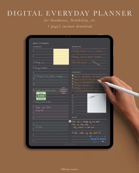 Daily Planner for GoodNotes, Notability or other apps where you can annotate PDFs, Instant Download, US Letter digitalstickers #hourlydailyplanner #plannerinserts. Online Stationary, Goodnote Planner, Digital Notepad, Day Planner Template, Planner Apps, Everyday Planner, Planner For Goodnotes, Ipad Goodnotes, Digital Writing